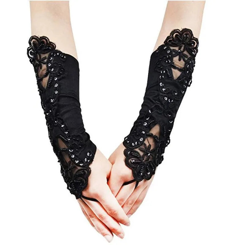 Elegant Lace Gloves Strethy Adult Size Crystal Sequins Gloves