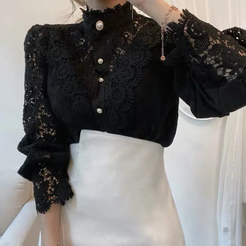 Elegant Embroidery Petal Sleeve Hollow Out Lace Blouse Flower