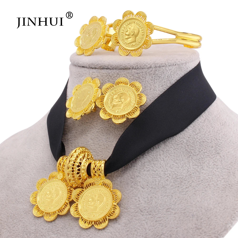 Ethiopian Luxury Jewelry sets Gold plated Earrings Ring Bangle Pendant Red Rope Chain