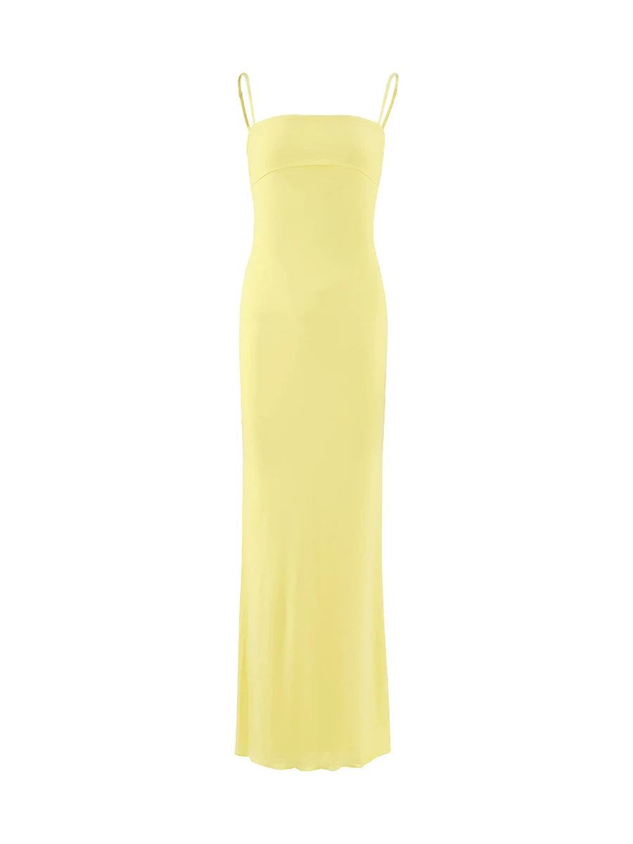 Long Cami Yellow Dress Slim Fit Square Neck Adjustable Spaghetti Strap