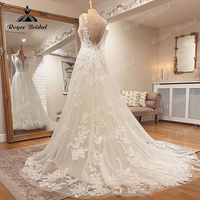 Sleeveless V Neck Wedding Dress Lace Applique Blush Pink Backless Bridal Gown