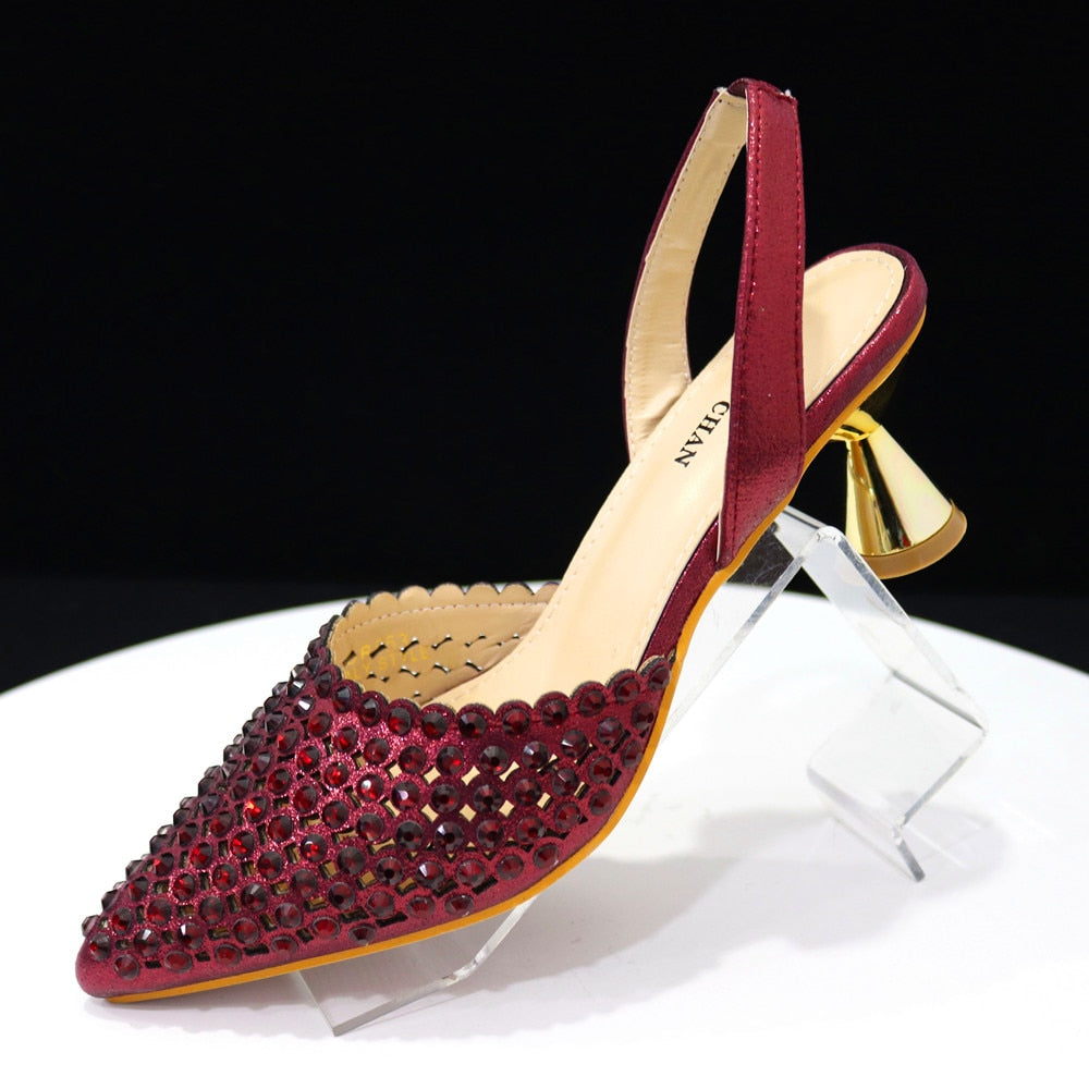 Pointed Toe Heels Elegant Colors Diamond Pumps Shoes and Bags Matching Set