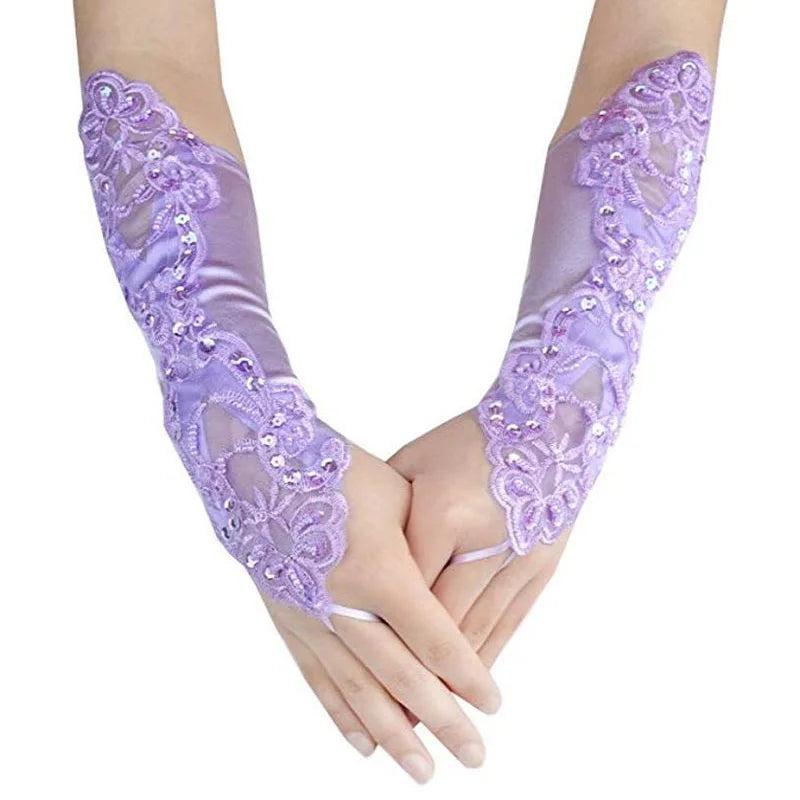 Elegant Lace Gloves Strethy Adult Size Crystal Sequins Gloves