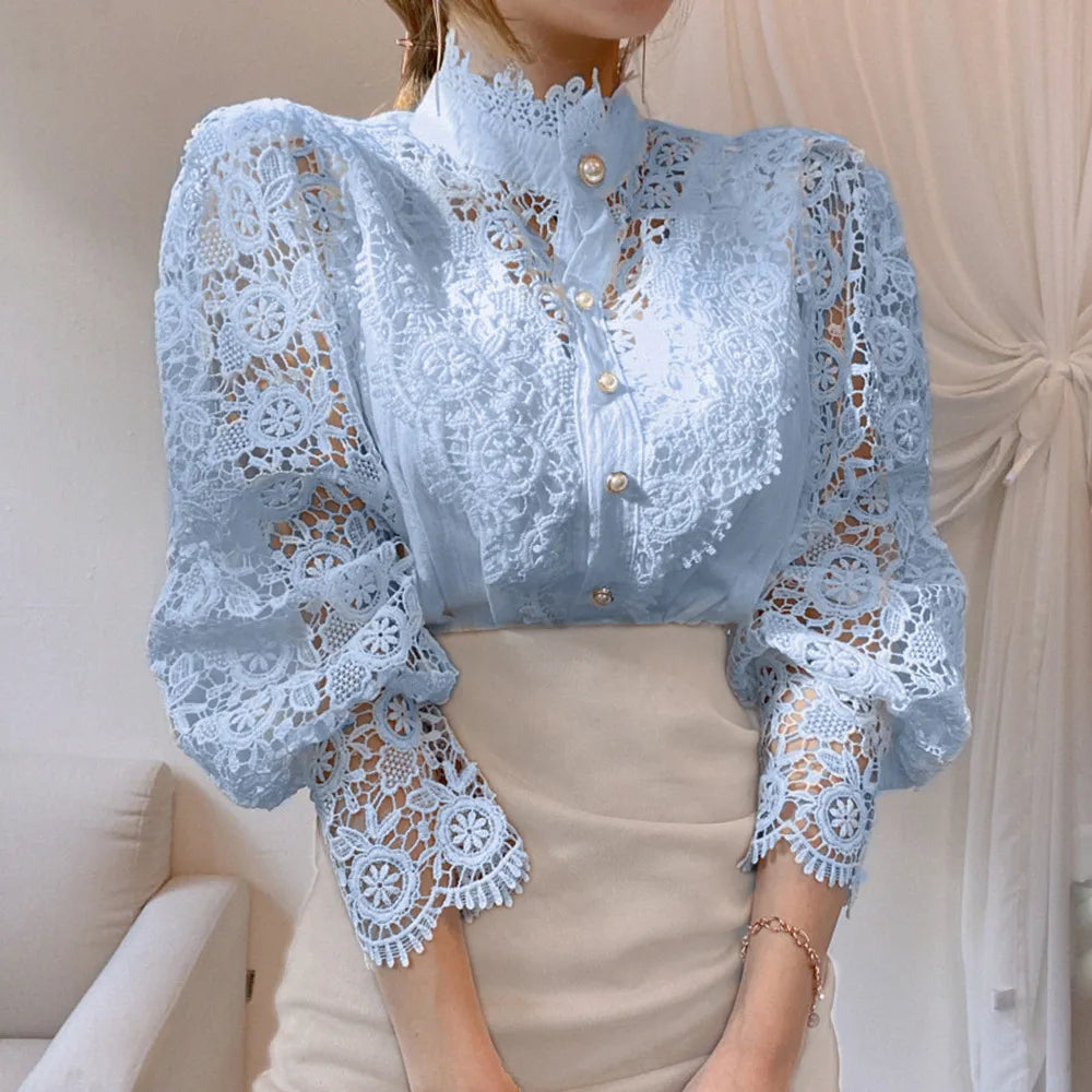 Elegant Embroidery Petal Sleeve Hollow Out Lace Blouse Flower