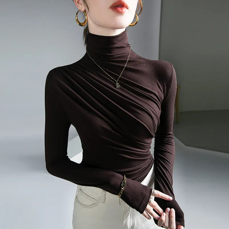 Turtleneck Stretch Cotton T-Shirt Basic Long Sleeve Pleated Pullover Top
