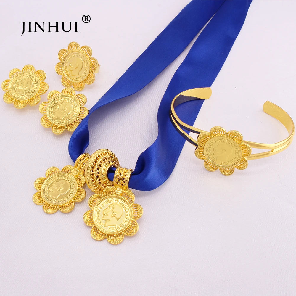 Ethiopian Luxury Jewelry sets Gold plated Earrings Ring Bangle Pendant Red Rope Chain