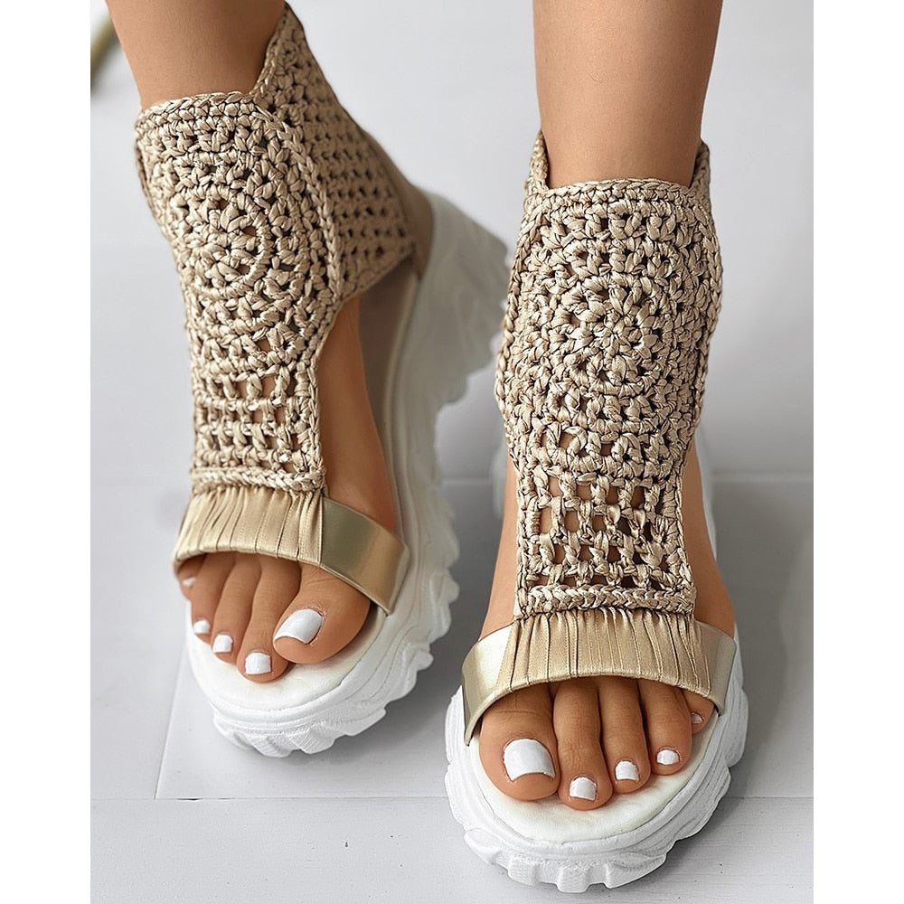Sandals Unique Braided Geometric Wedge Sandals Knitted Elastic