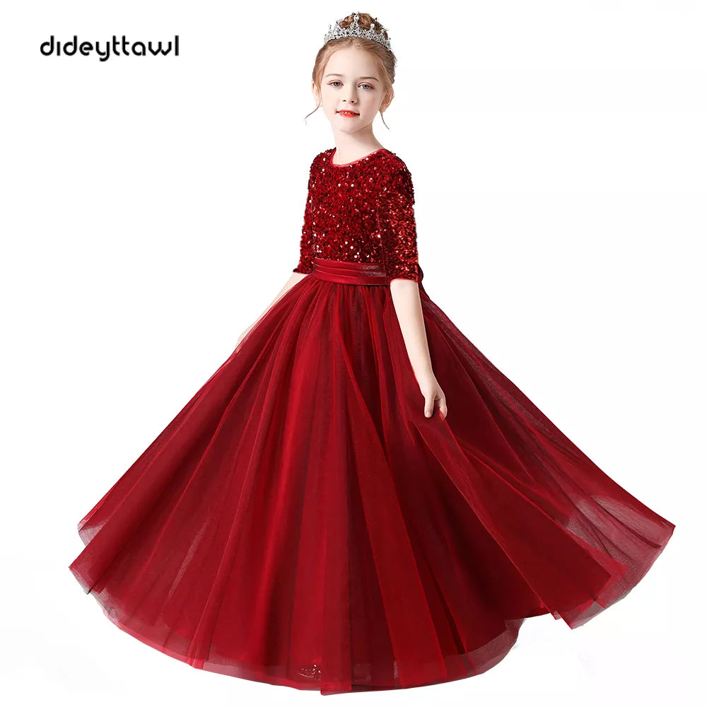 Half Sleeves Flower Girl Dresses Bridesmaid Sequins Tulle Pageant Dress
