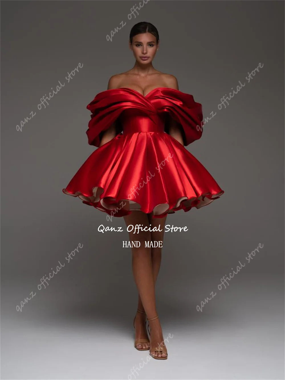Short Red Off The Shoulder Above Knee Satin Formal Gowns