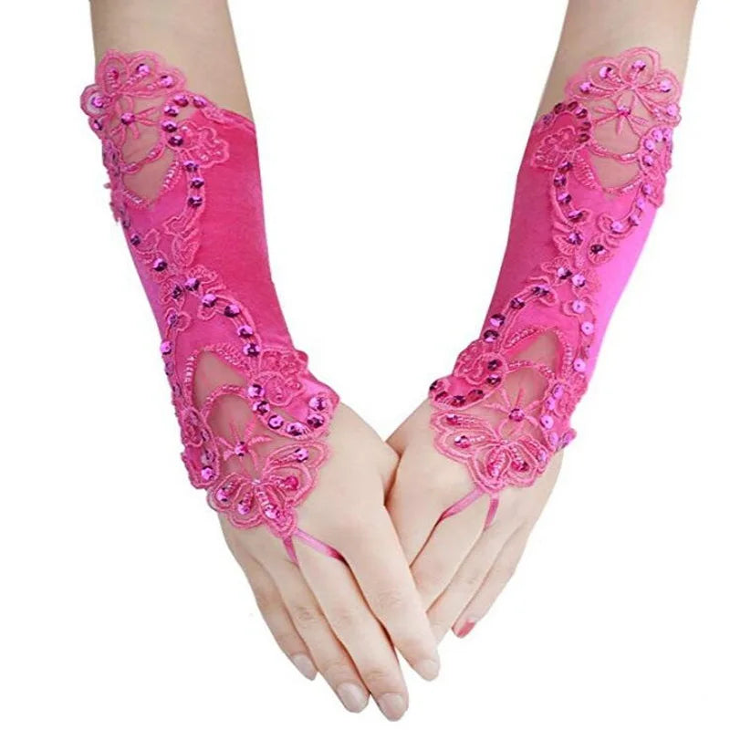 Elegant Lace Gloves Strethy Adult Size Crystal Sequins Gloves