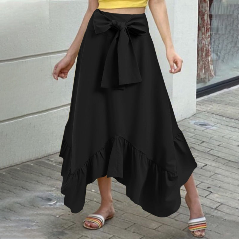 Fishtail Skirts Fashion High Waist Belted Loose Asymmetrical Ruffles Skirts
