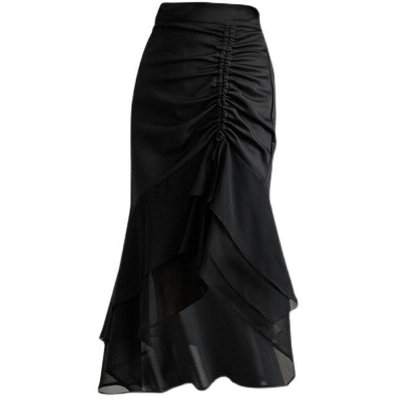 Ruffles Chiffon Voile Splicing Mermaid Skirt Asymmetrical All-match Shirring Midi Skirts