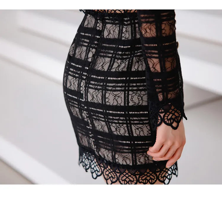 Lace Long Sleeve Blouse Mini Skirt Two Piece Sets