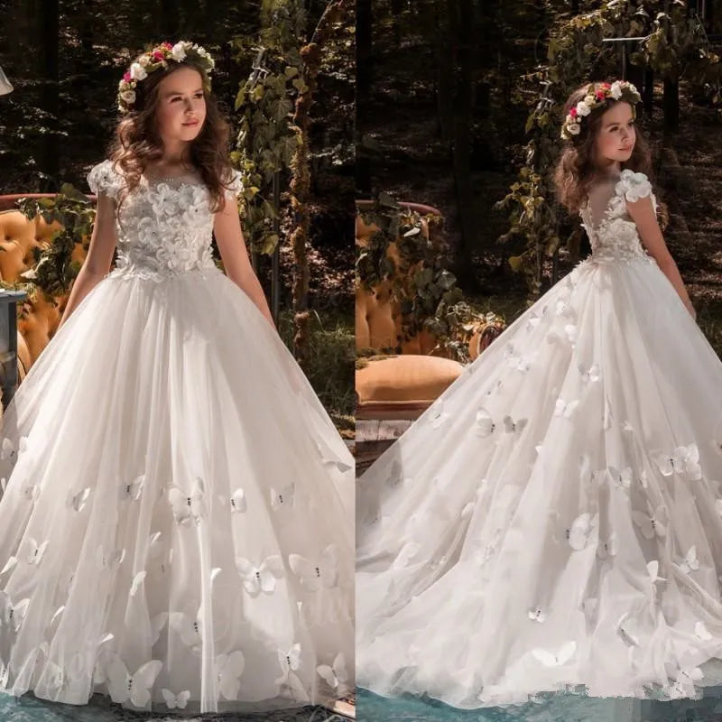 Long Flower Girl Butterfly Tulle Dresses