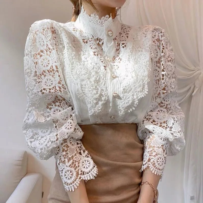 Elegant Embroidery Petal Sleeve Hollow Out Lace Blouse Flower