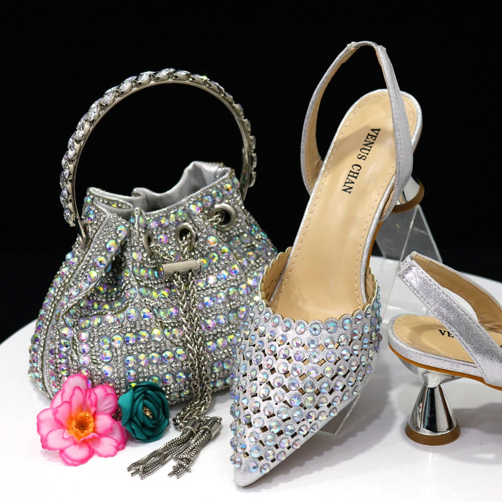 Pointed Toe Heels Elegant Colors Diamond Pumps Shoes and Bags Matching Set