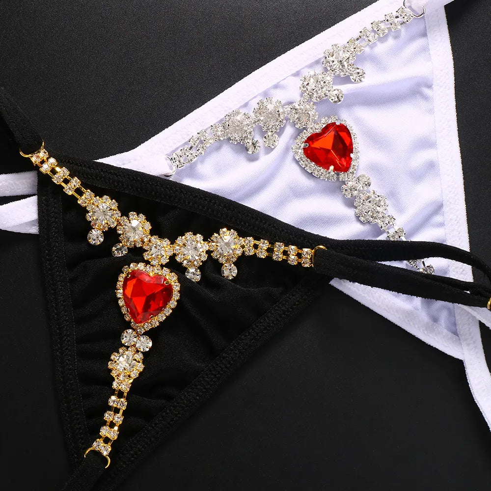 Red Crystal Bikini Swimsuit Rhinestone Heart Panties