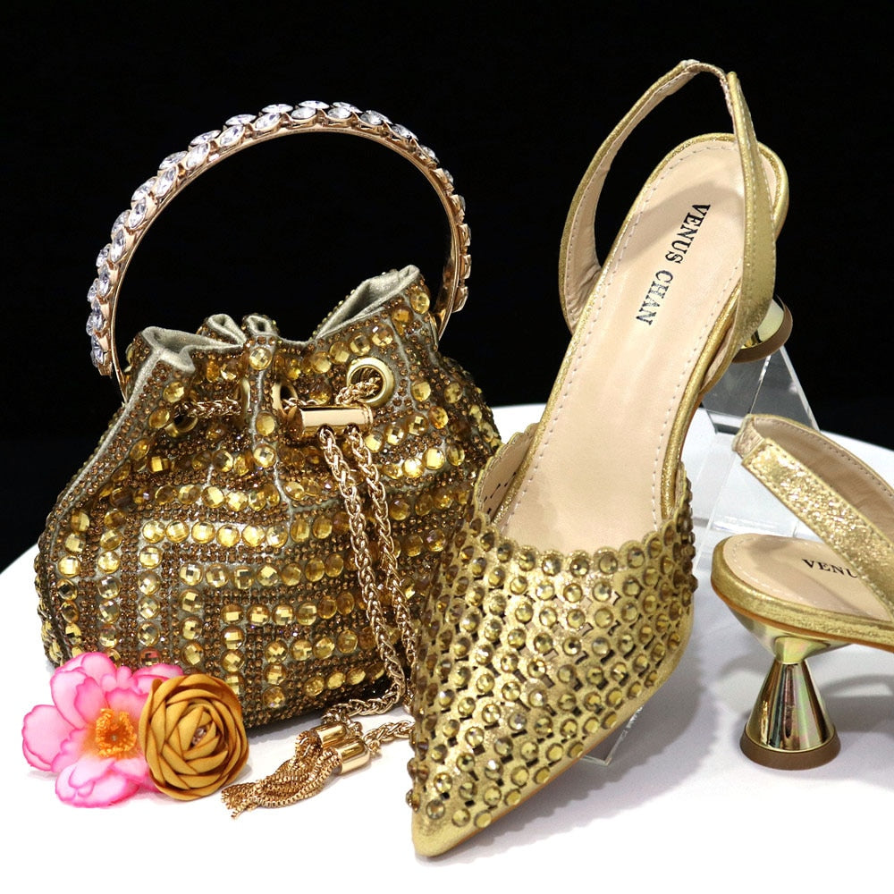 Pointed Toe Heels Elegant Colors Diamond Pumps Shoes and Bags Matching Set