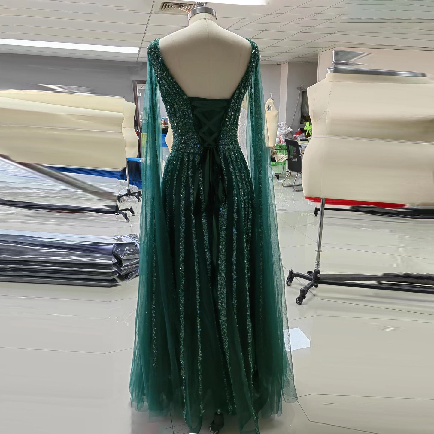 A Line Shinning V Neck Luxury Sequined Formal Dresses