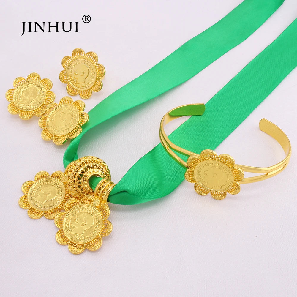 Ethiopian Luxury Jewelry sets Gold plated Earrings Ring Bangle Pendant Red Rope Chain