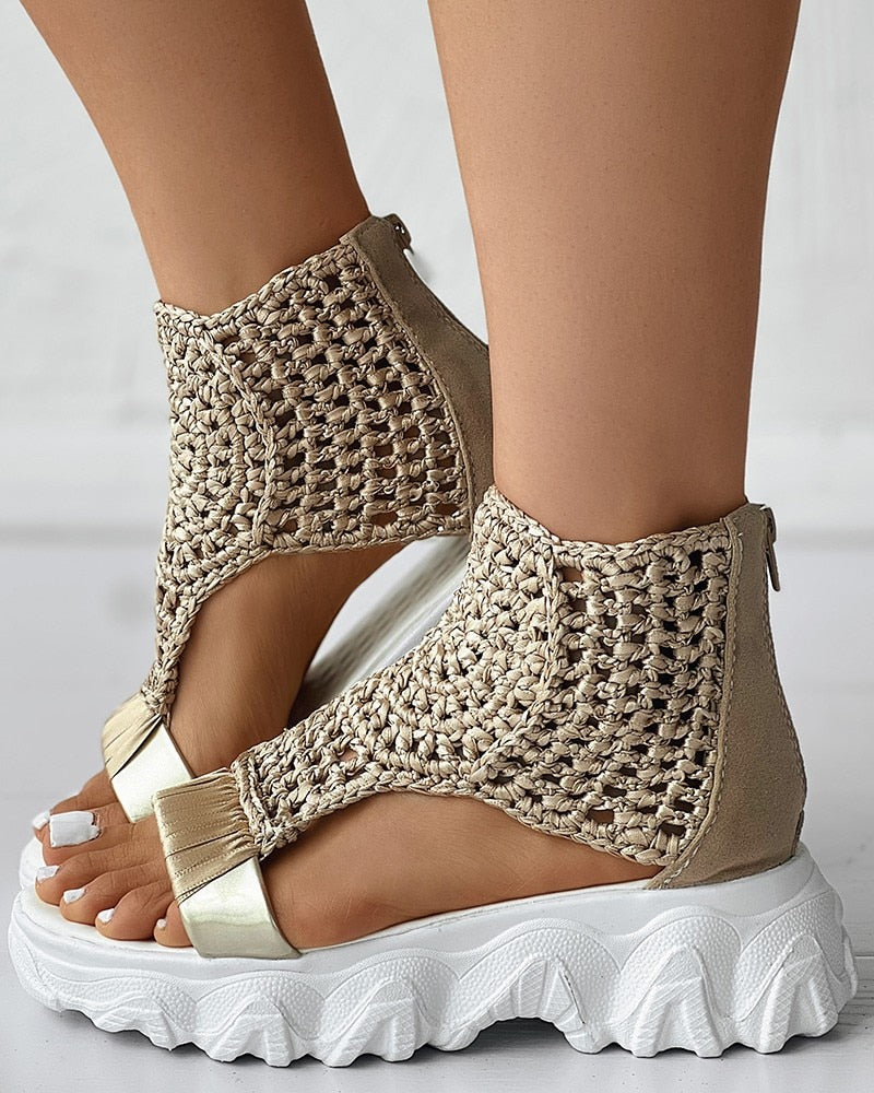 Sandals Unique Braided Geometric Wedge Sandals Knitted Elastic