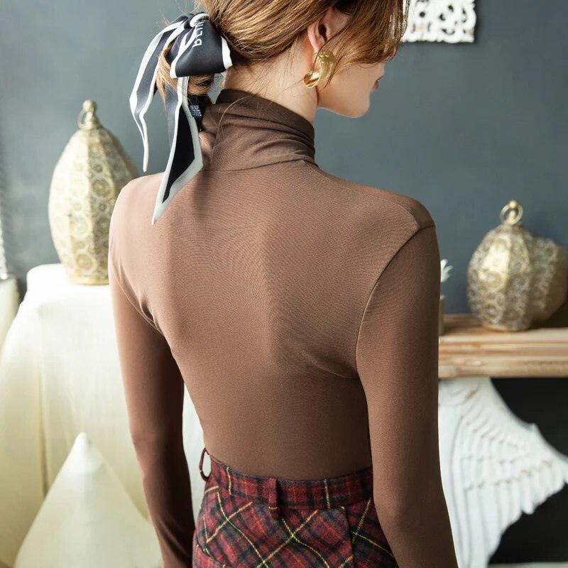 Mesh T Shirts Hollow Out Crossed Turtleneck Full Sleeve Tops