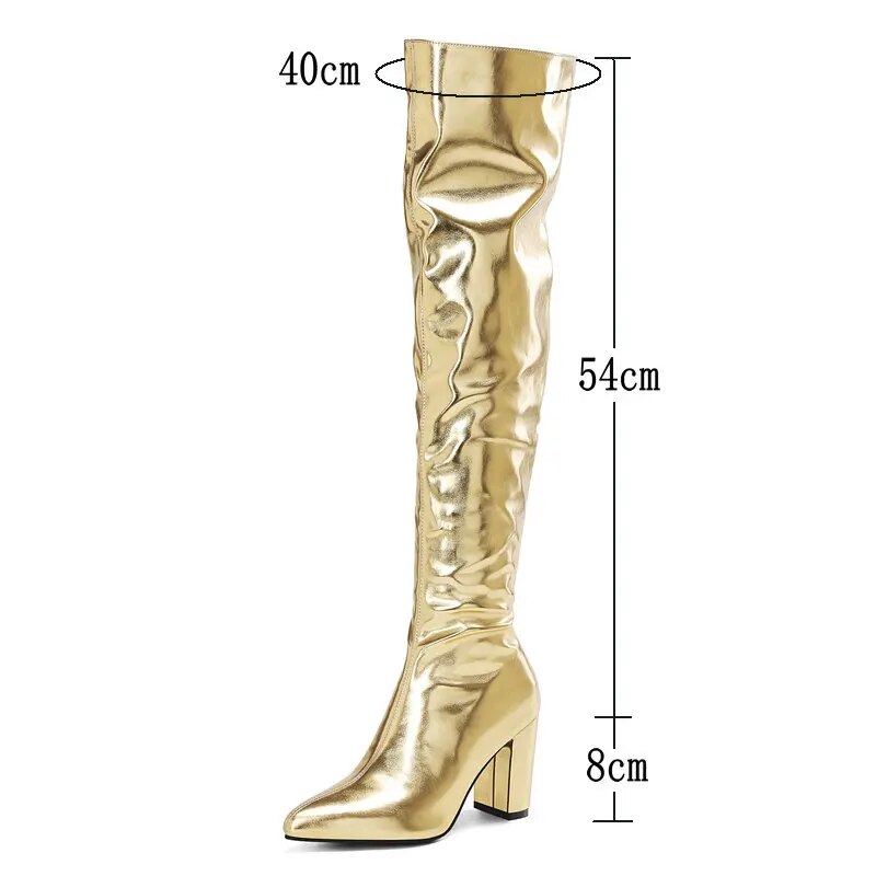 Gold Silver The Knee High Boots Thigh Boots Pinted Toe Zipper
