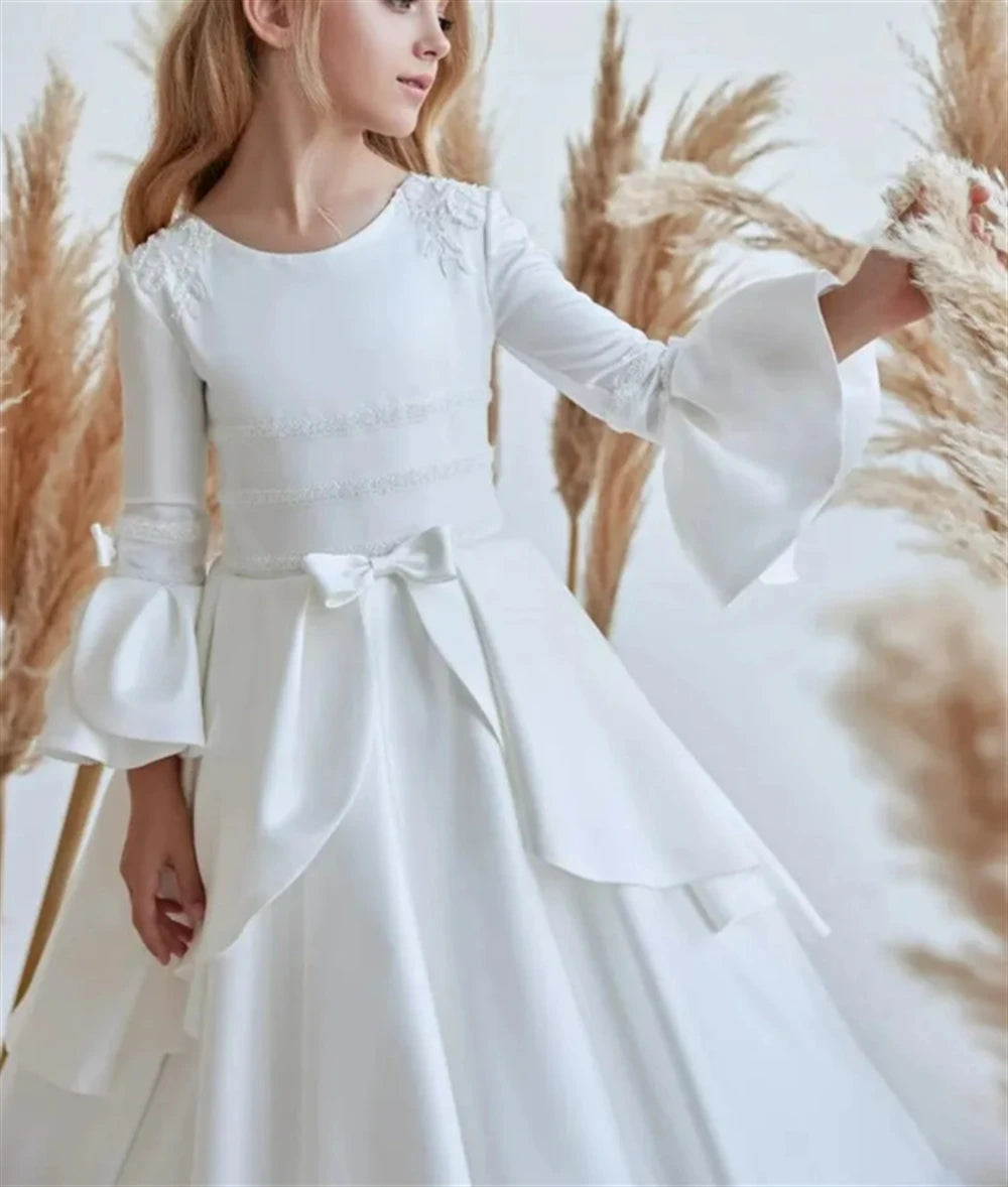 White Flower Girl Dresses Beaded Appliques Bow Long Sleeve 