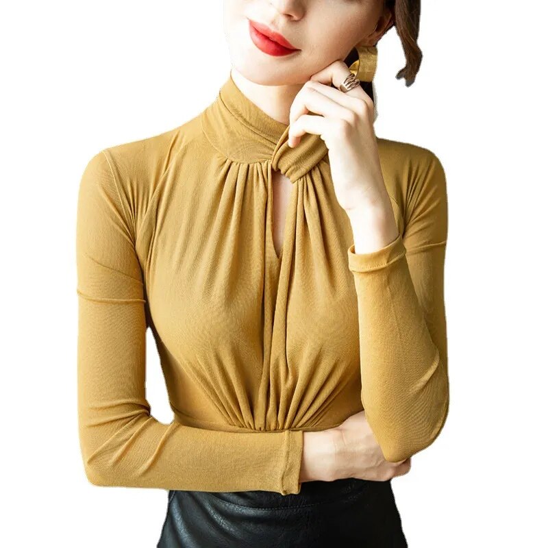 Mesh T Shirts Hollow Out Crossed Turtleneck Full Sleeve Tops