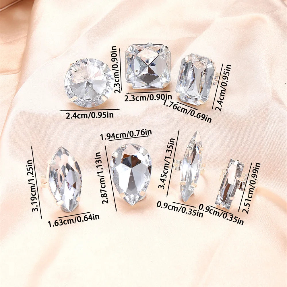 Clear Acrylic Crystal Geometric 7PCS Big Square Round Open Rings Finger
