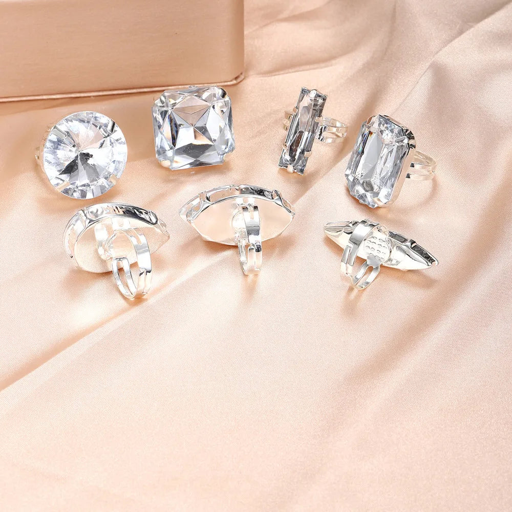 Clear Acrylic Crystal Geometric 7PCS Big Square Round Open Rings Finger