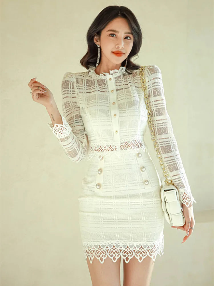 Lace Long Sleeve Blouse Mini Skirt Two Piece Sets