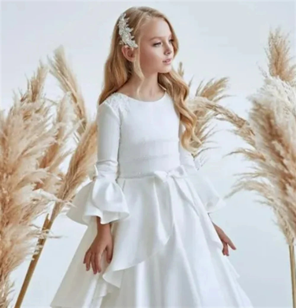 White Flower Girl Dresses Beaded Appliques Bow Long Sleeve