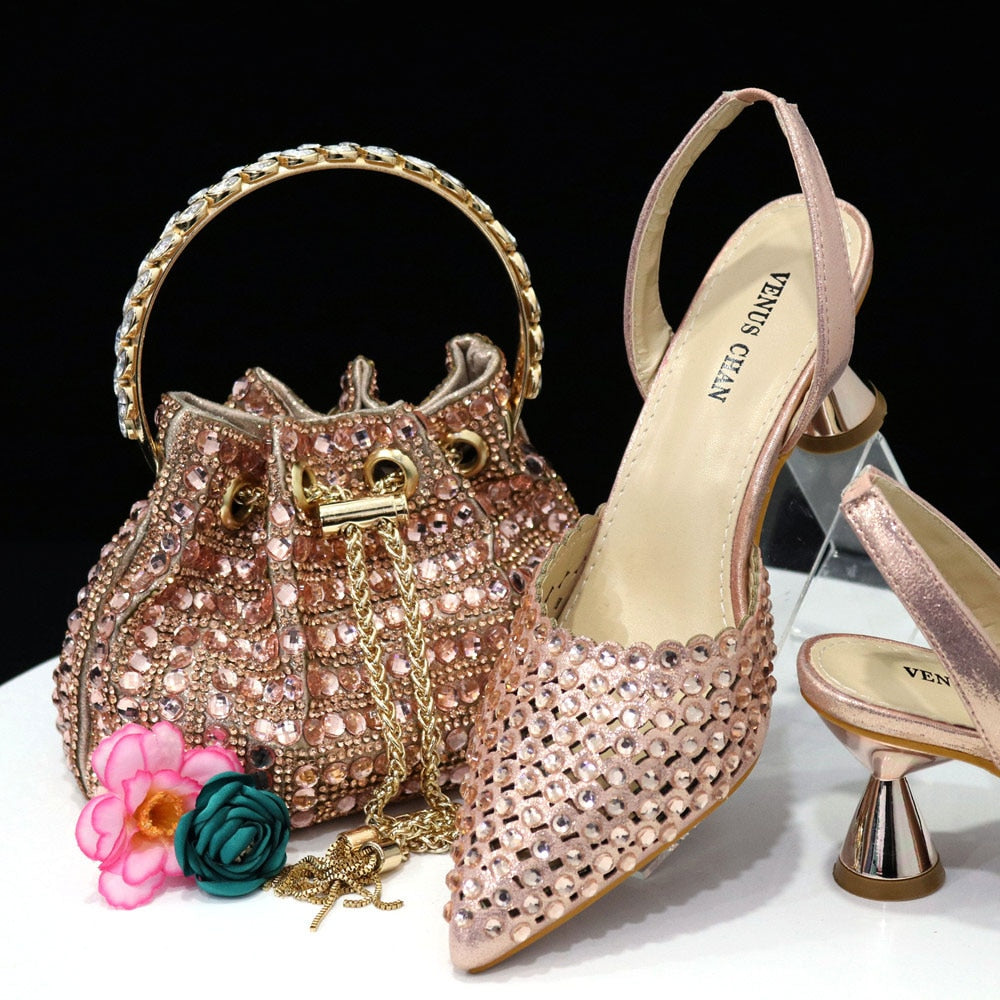 Pointed Toe Heels Elegant Colors Diamond Pumps Shoes and Bags Matching Set
