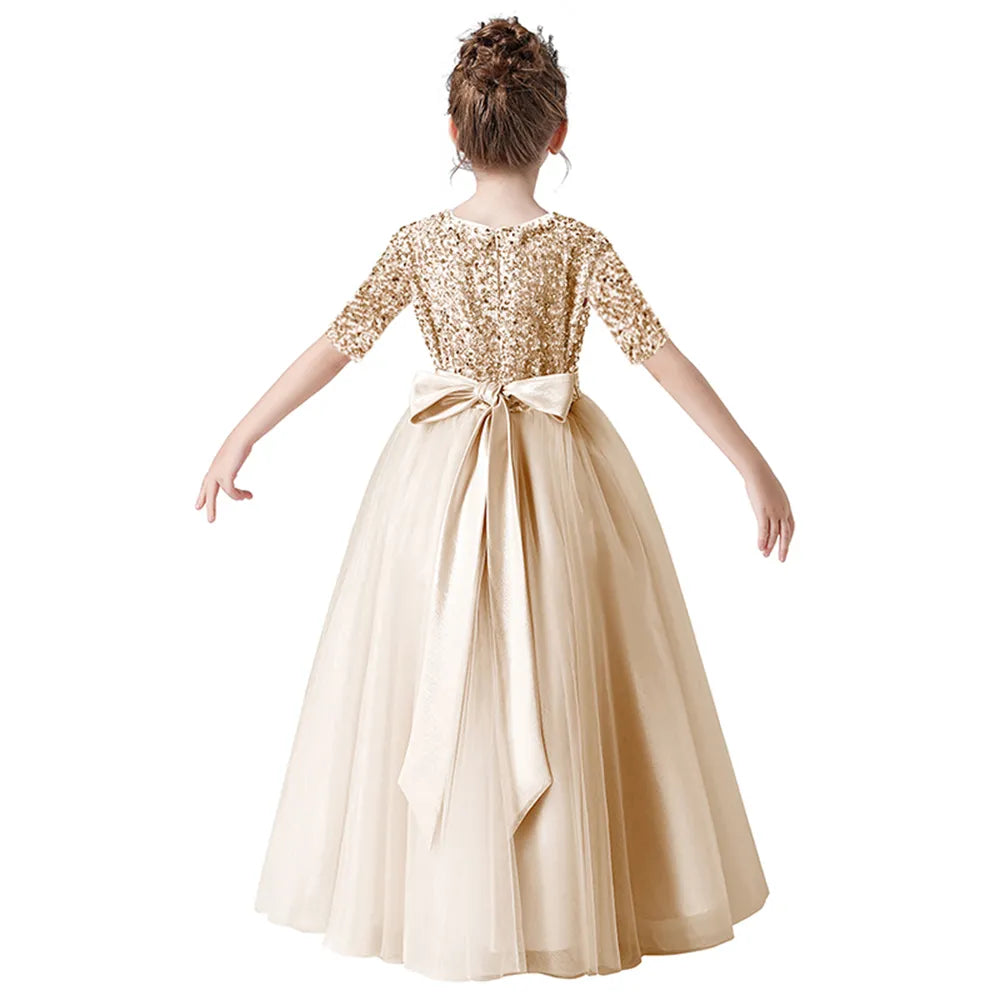Half Sleeves Flower Girl Dresses Bridesmaid Sequins Tulle Pageant Dress