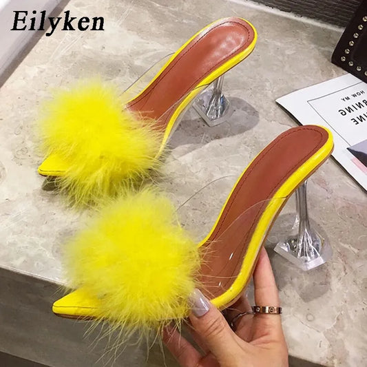 yellow Transparent Feather Crystal High Heels 
