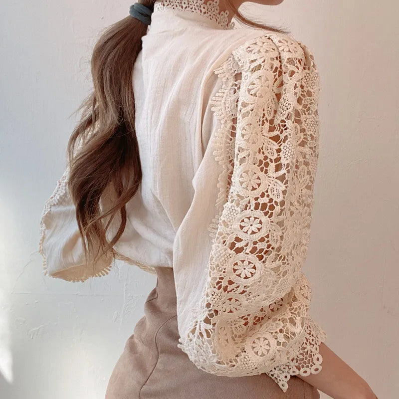Elegant Embroidery Petal Sleeve Hollow Out Lace Blouse Flower