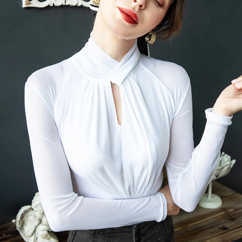Mesh T Shirts Hollow Out Crossed Turtleneck Full Sleeve Tops