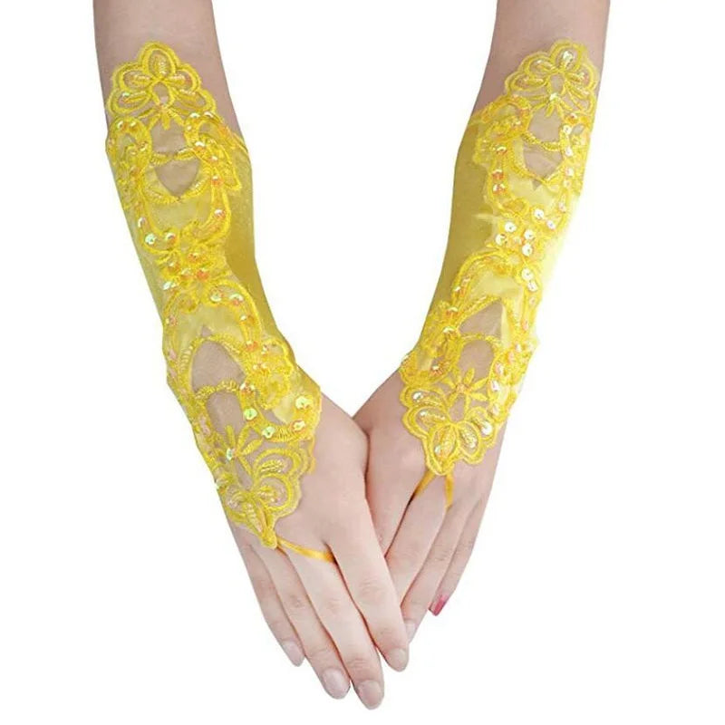 Elegant Lace Gloves Strethy Adult Size Crystal Sequins Gloves