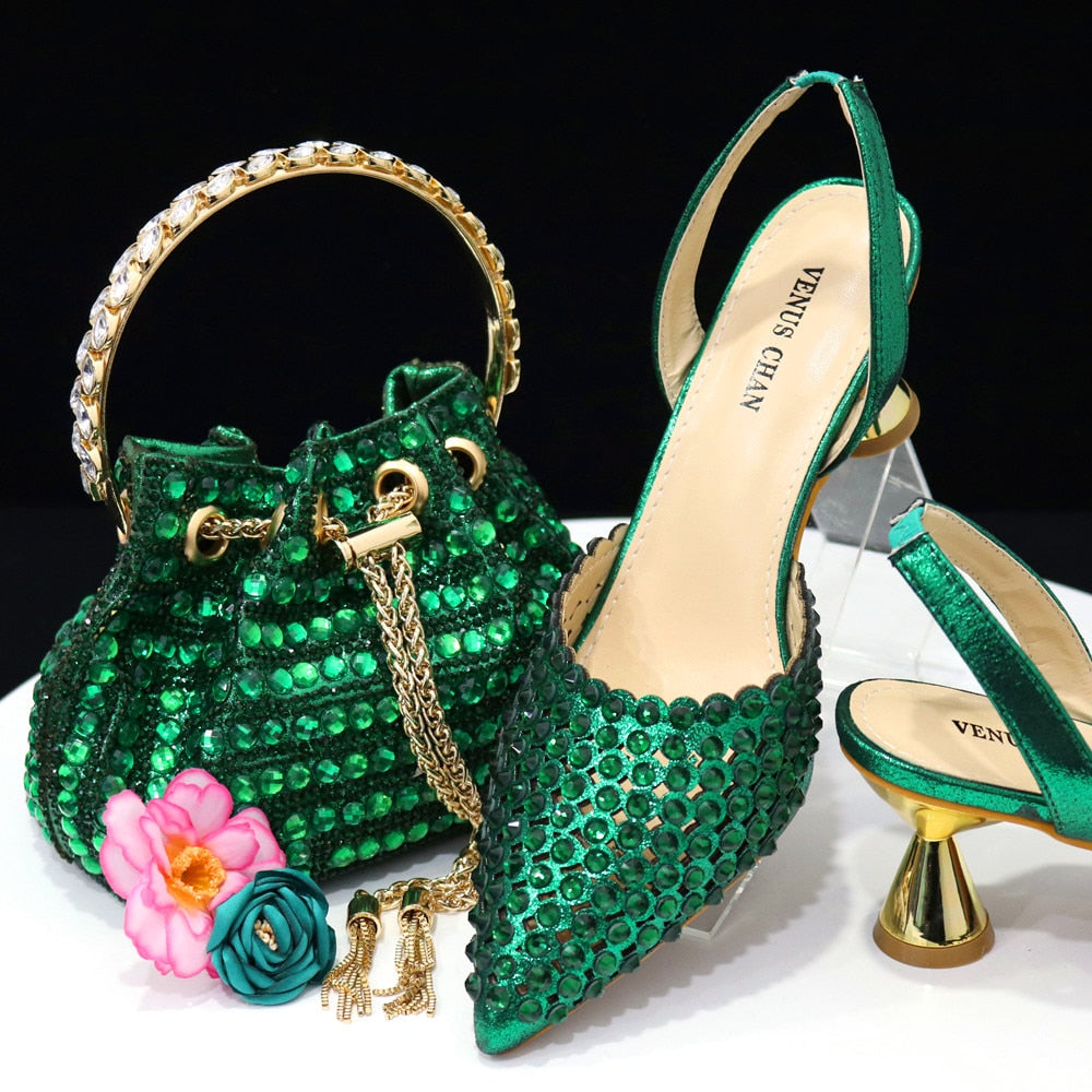 Pointed Toe Heels Elegant Colors Diamond Pumps Shoes and Bags Matching Set