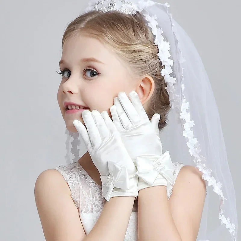 Sweet Satin Flower Child Gloves White Gloves for Kids
