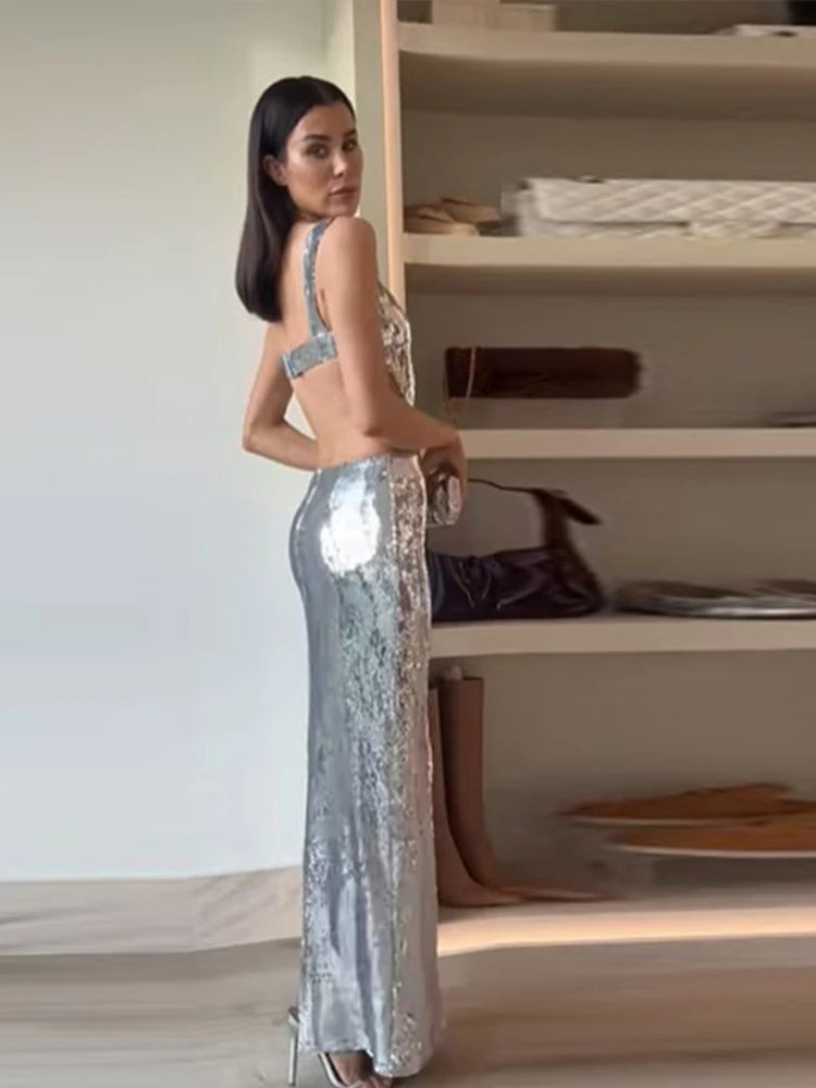 Sling Backless Silvery Maxi High Waist Date Night Dress