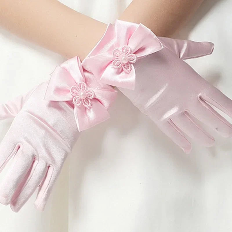 Sweet Satin Flower Child Gloves White Gloves for Kids