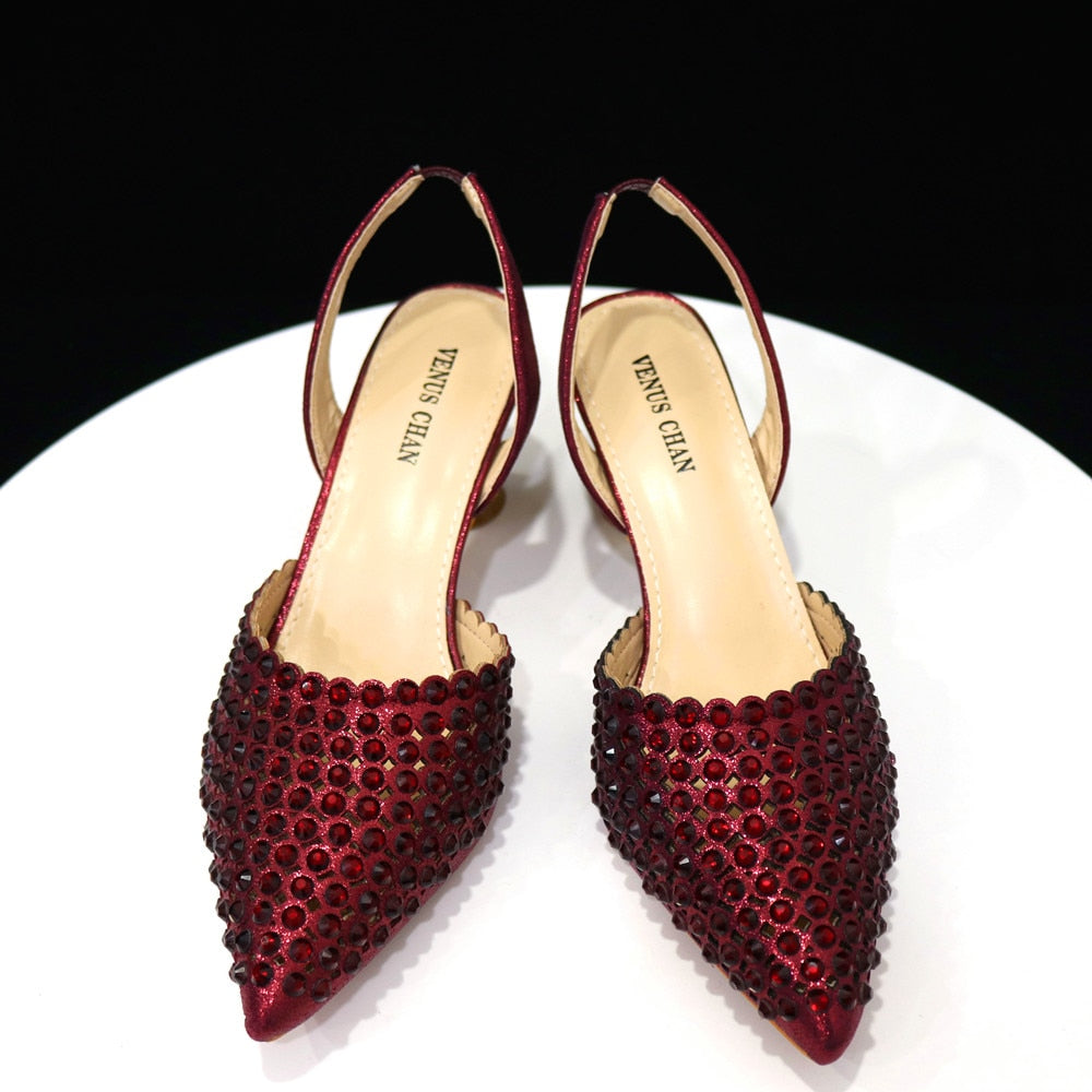 Pointed Toe Heels Elegant Colors Diamond Pumps Shoes and Bags Matching Set