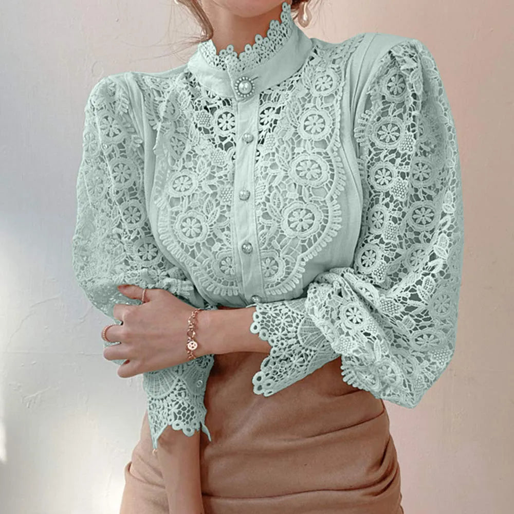 Elegant Embroidery Petal Sleeve Hollow Out Lace Blouse Flower