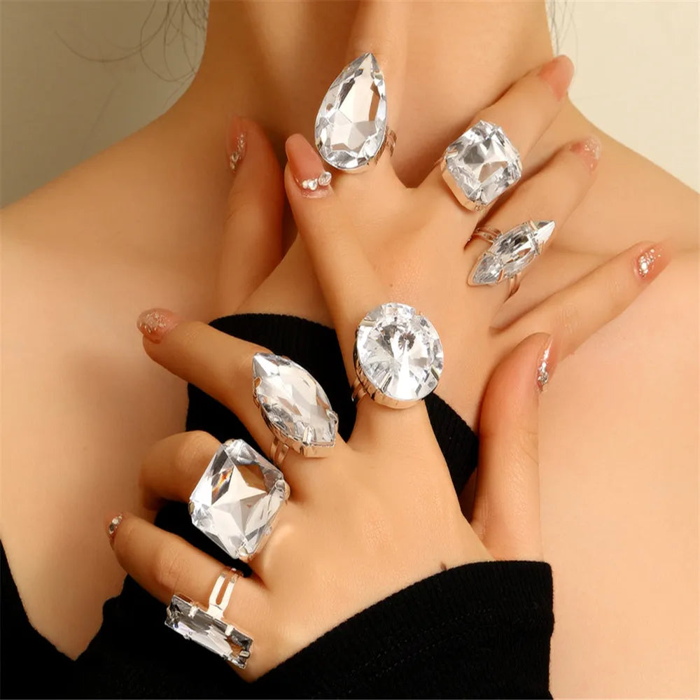 Clear Acrylic Crystal Geometric 7PCS Big Square Round Open Rings Finger