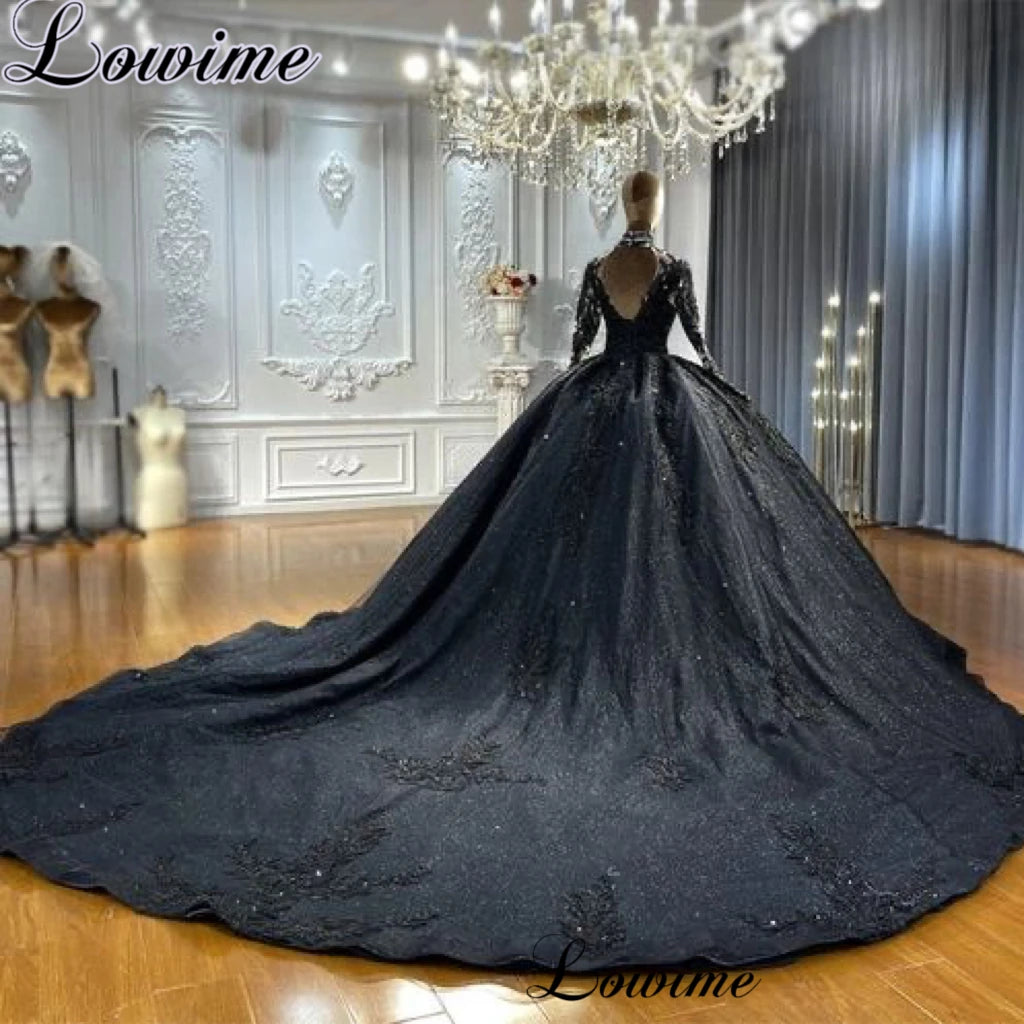 Black wedding dress with long train