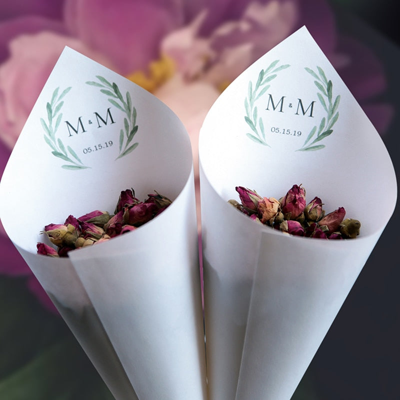 Personalized Wedding Cones,White Paper Size 16x16cm ,Custom Name and Date Confetti Toss Cones for Bridal Shower Party Favors