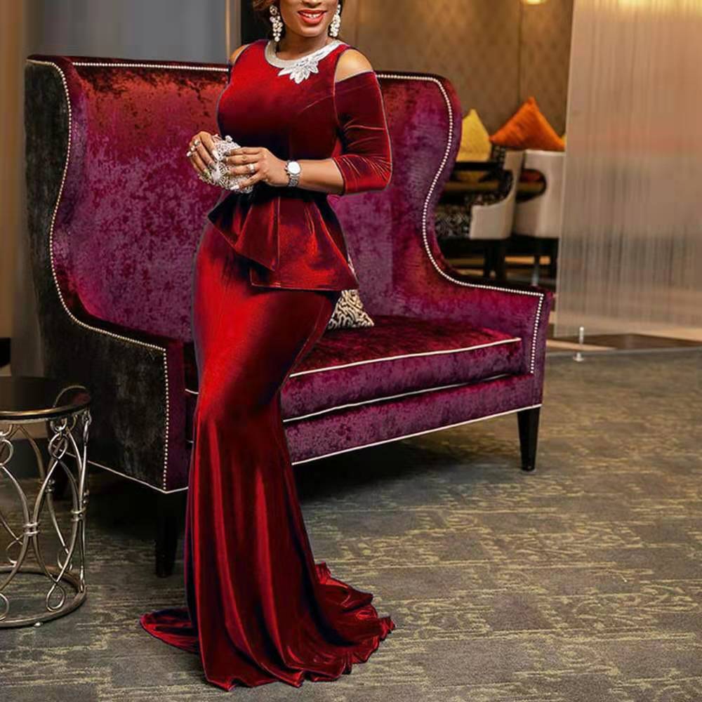 Off Shoulder Patchwork Peplum Ruffles Bodycon Dress Red Retro Velvet Mermaid Dress Long Maxi Dress
