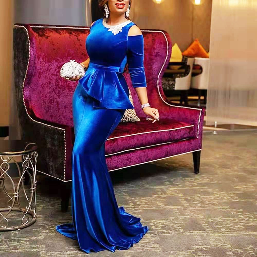 Off Shoulder Patchwork Peplum Ruffles Bodycon Dress Red Retro Velvet Mermaid Dress Long Maxi Dress